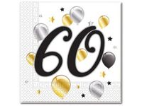 Serwetki, 60 urodziny, białe z balonikami (PS), 33 cm x 33 cm, 20 szt.