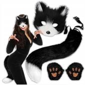 KOSTIUM CZARNY KOTEK PRZEBRANIE STRÓJ KOTA ZESTAW SZTUCZNE FUTRO MASKA