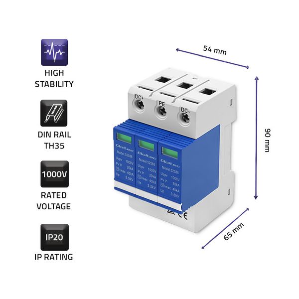 Qoltec Ogranicznik ochronnik przepięć DC 3P 1000V T2 B+C zdjęcie 3