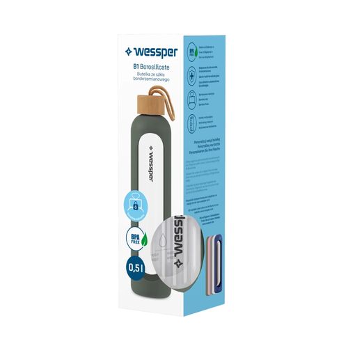 Wessper B1 Borosilicate 500 ml Szklana butelka na wodę z miarką motywacyjną z oliwkowym etui na Arena.pl