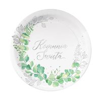 Talerzyki papierowe Komunia Święta eukaliptus srebrne, 18 cm 6 szt.