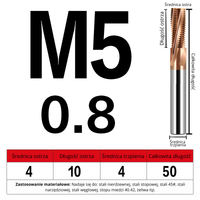 Frez do gwintowania M0.8-M20 - wieloostrzowy Rozmiar: M5x0.8x50L - TiSiN