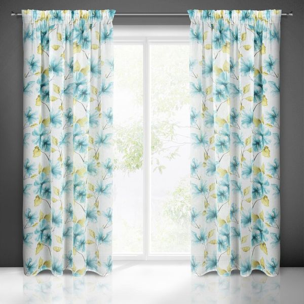 Firana gotowa na taśmie SOFIA 140x270 biała niebieska w kwiaty zdjęcie 1