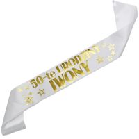 50-te urodziny z dowolnym imieniem - biała szarfa ze złotym nadrukiem