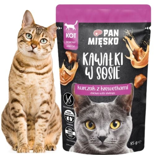 karma mokra dla kota kawałki mięsa kurczak krewetki pan mięsko 85g bez zbóż na Arena.pl