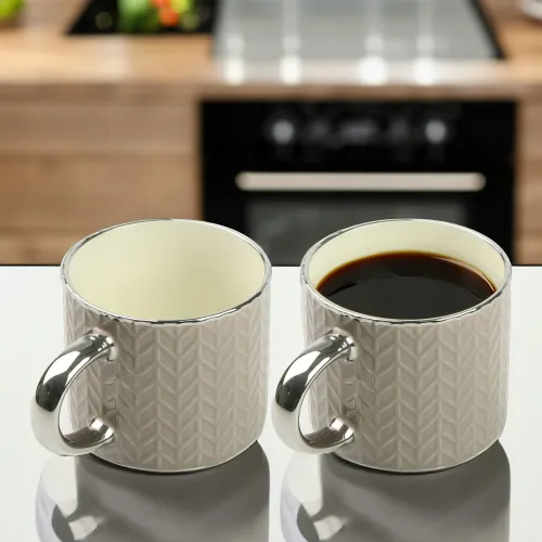 KUBEK PORCELANOWY DO KAWY HERBATY WZÓR SWETEREK 470ML ZE SREBRNYM UCHEM na Arena.pl