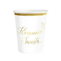 Kubeczki papierowe Komunia Święta biało-złote, 6 szt.