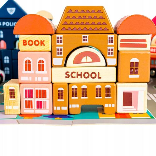 Klocki Miasto Drewniane Auta Zestaw + Puzzle Mata 115 Klocków Edukacyjne na Arena.pl
