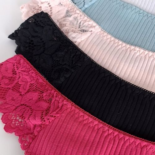 5x WYGODNE BAWEŁNIANE PRĄŻKOWANE STRINGI Z KORONKĄ S/M na Arena.pl