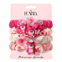 zestaw frotek gumek 5w1 na plakietce, różowe misie, kwiat gum190