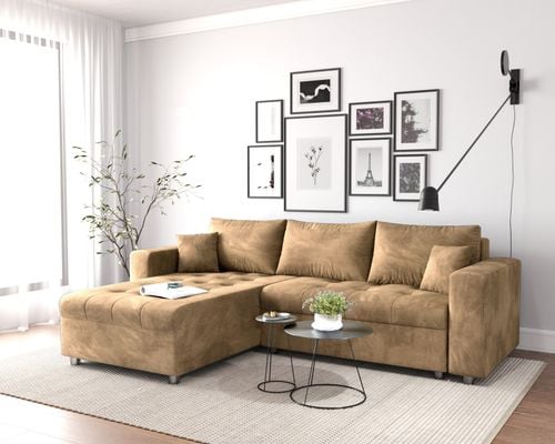 Kanapa Narożnik Rozkładany z Funkcja Spania i Pojemnikiem MIMOS Beżowy na Arena.pl