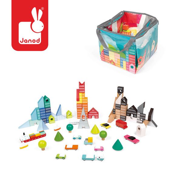 Janod : Klocki drewniane z matą do zabawy Kubix 70 sztuk Miasto zdjęcie 2