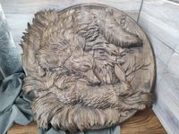 Obraz płaskorzeźba Lis i zając na łące okrągły drewniany leśniczy 40 cm