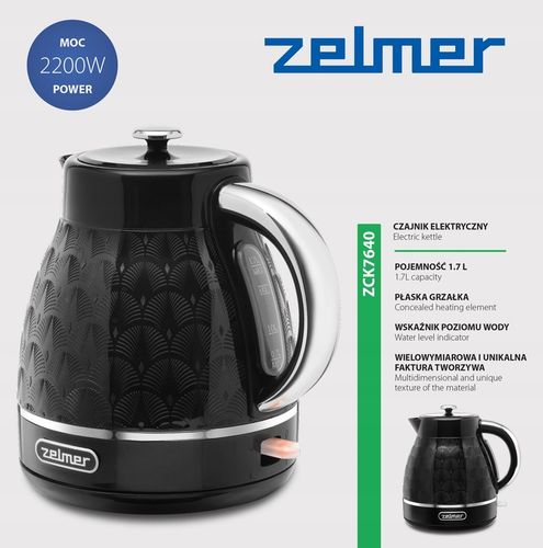 CZAJNIK ELEKTRYCZNY ZELMER BEZPRZEWODOWY PŁASKA GRZAŁKA CICHY 1,7L na Arena.pl