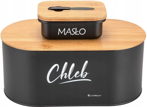CHLEBAK BAMBUSOWY DREWNIANY CZARNY METALOWY Z MASELNICZKĄ NOŻYKIEM DO na Arena.pl