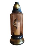 ZNICZ SZKLANY Z ZŁOTĄ APLIKACJĄ I SREBRNYM KRZYŻEM, KWADRATOWY SZKŁO