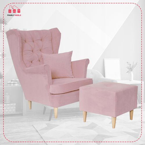 Fotel uszak Gaja z podnóżkiem skandynawski Family Meble z pufką różowy na Arena.pl
