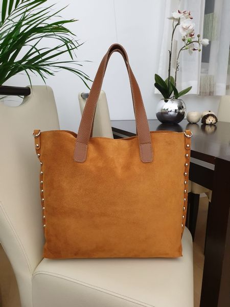 VERA PELLE torebka damska zamszowa shopper z ćwiekami V407 granatowa zdjęcie 2