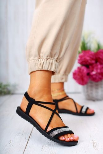DAMSKIE SANDAŁY CZARNE LETNIE ELEGANCKIE WYGODNE CYRKONIE na Arena.pl