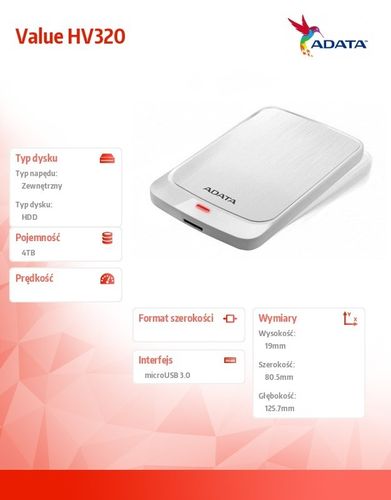 Adata Dysk twardy Value HV320 4TB microUSB3.0 White na Arena.pl