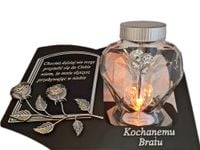 BRAT BRATU SOLARNY ZNICZ LAMPION NA GRÓB SERCE SZKŁO SREBRO SKOS SENTENCJA