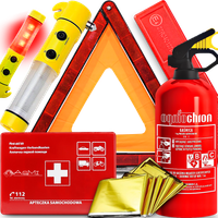 GAŚNICA 1KG TRÓJKĄT OSTRZEGAWCZY APTECZKA LATARKA ŻYCIA KOC FOLIA NRC