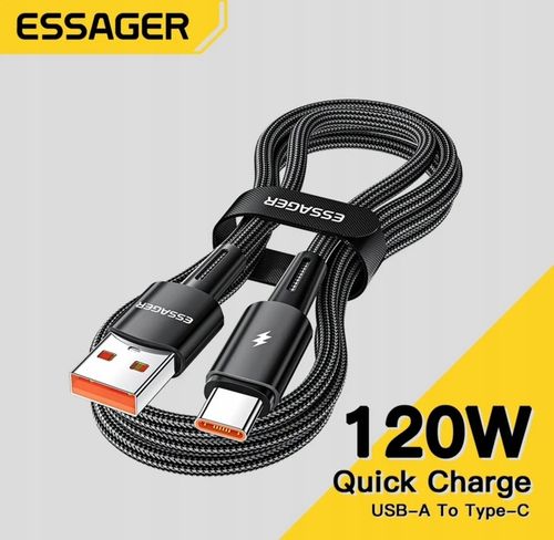 Kabel 2 metry czarny Essager USB A do USB-C 6A SZYBKIE ŁADOWANIE 120W 6A 2M na Arena.pl
