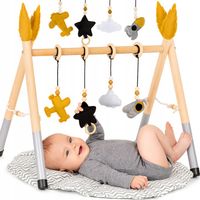 Stojak edukacyjny dla niemowlaka chłopca drewniany Baby GYM mata liść szara