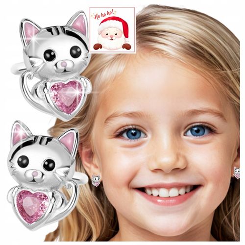 Kolczyki Srebrne Dla Dziewczynki Rodowane Kotki Srebro 925 Sztyfty Serce na Arena.pl