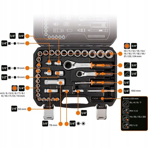 NEO ZESTAW NASADEK PRZELOTOWYCH 1/4" 3/8" 46szt z grzechotkami CrV 10-019 na Arena.pl