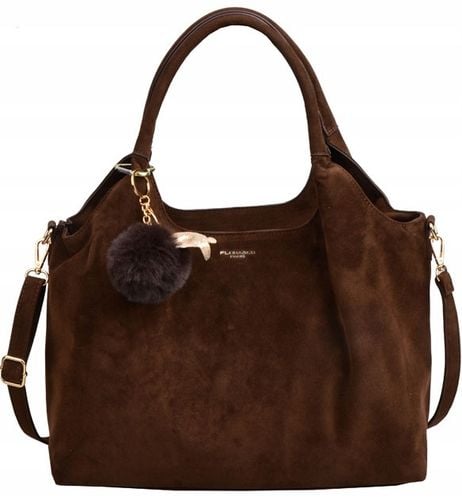 Torebka Flora&Co czekoladowa SHOPPER eco zamsz z brelokiem pompon na Arena.pl