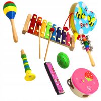 ZESTAW INSTRUMENTÓW DREWNIANYCH cymbałki bębenek tamburyn i harmonijka