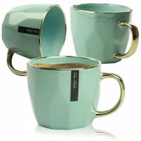 KUBEK PORCELANOWY DO KAWY HERBATY MIĘTOWY ZŁOTY 400ML ZE ZŁOTYM UCHEM