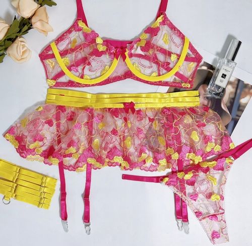 Piękny KOMPLET Bielizny Damskiej STANIK SPÓDNICZKA NA UDA STRINGI S na Arena.pl