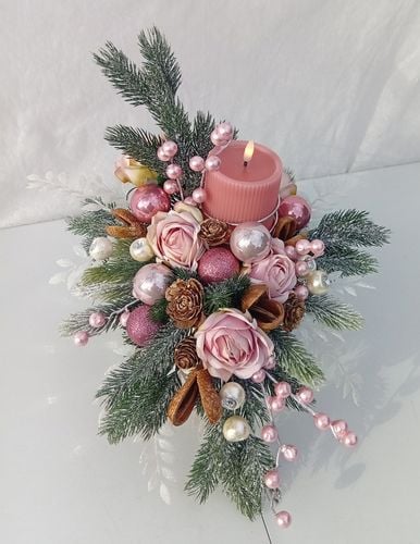 Stroik świąteczny z różową świecą LED w lustrznej doniczce 43×41×34 cm na Arena.pl