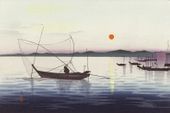 Plakat 45x30cm Boats and Setting Sun, Koson Japoński Vintage do Salonu