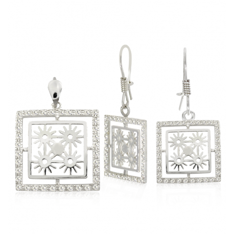 SREBRNY KWADRATOWY KOMPLET W AŻUROWY WZÓR SŁONECZNIKI SREBRO PRÓBY 925 zdjęcie 1