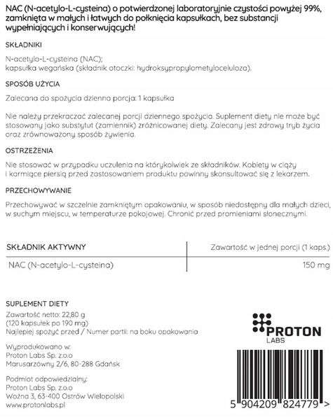 Proton Labs NAC 99,52% czysta N-ACETYLO L-CYSTEINA 150mg 120kaps Detox zdjęcie 2