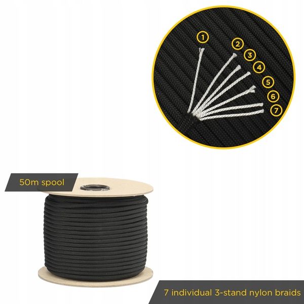 Linka EDCX 4mm Paracord 550 - (Black, 50 m) zdjęcie 2