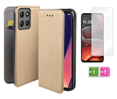 Etui z klapką do MOTOROLA MOTO G15 / G05 / G15 POWER złoty case + szybka 9H