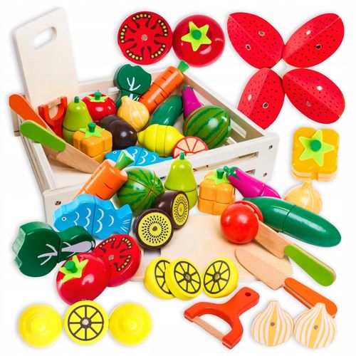 DREWNIANE WARZYWA I OWOCE NA MAGNES ZESTAW DO KROJENIA ZABAWKA EDUKACYJNA na Arena.pl