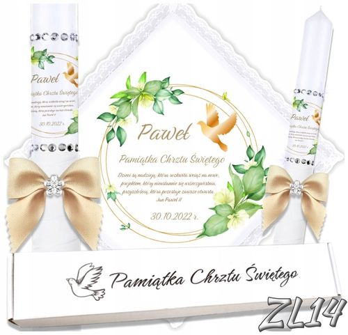 Biała szatka i świeca do chrztu ECO imię i data BOHO gromnica pudełko na Arena.pl