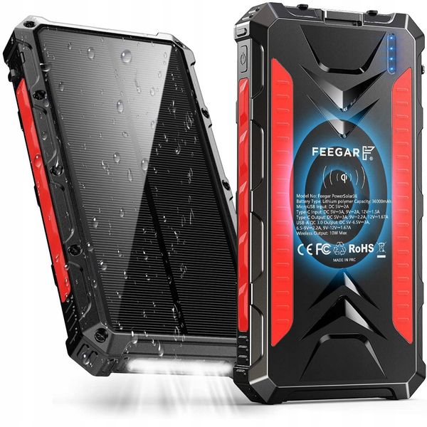 Power bank Solarny Feegar 36000mah 20W 4x USB-C QI  IP65 Latarka zdjęcie 11