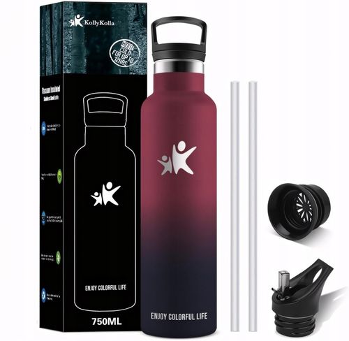 TERMOS BUTELKA TERMICZNA KUBEK NA KAWĘ HERBATĘ ZE SŁOMKĄ WIŚNIOWY 750ML na Arena.pl