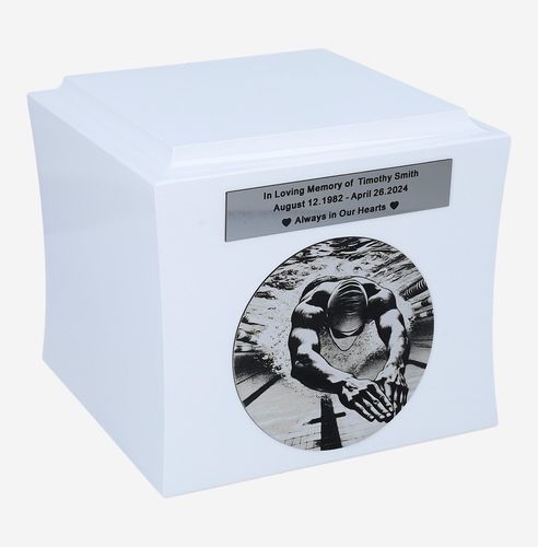 Urna tematyczna dla pływaka Biały / Wzór1 / Tabliczka na Arena.pl