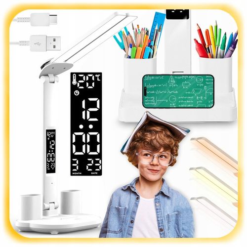 PODWÓJNA LAMPKA BIURKOWA LED Z ORGANIZEREM WYŚWIETLACZEM TEMP ZEGAR na Arena.pl