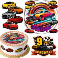 ZESTAW OPŁATEK NA TORT 20CM + 16 POSTACI - AUTA WYŚCIGOWE + IMIĘ 15CM 18CM