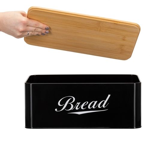 Chlebak metalowy, zamykany z bambusową deską, pojemnik na pieczywo, czarny na Arena.pl