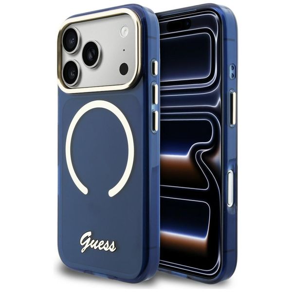 etui guess iml script metal magsafe do   iphone 17 pro max niebieski zdjęcie 1