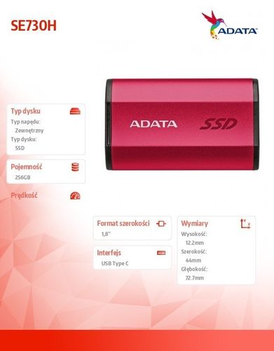 Adata SSD External SE730H 512 GB 1.8'' USB-C 3D Czerwony na Arena.pl